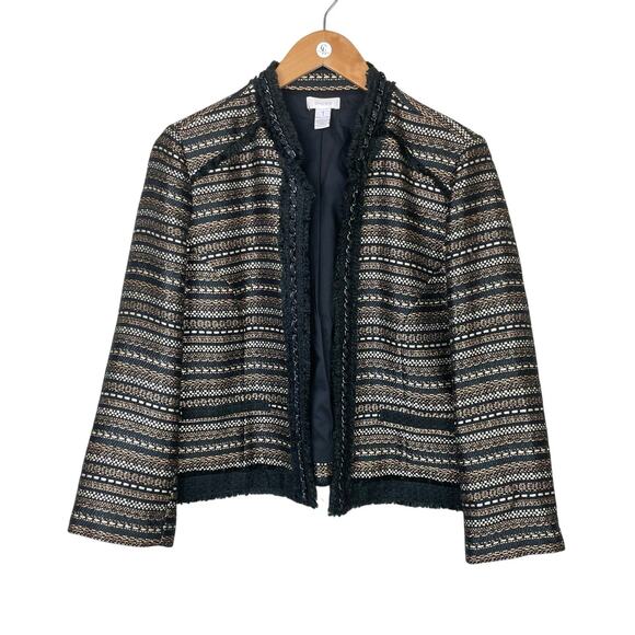 Chico's Sz 1 US 8 Royal Tweed Black Gold Metallic Fringe Trim Open Jacket Blazer - Picture 5 of 14
